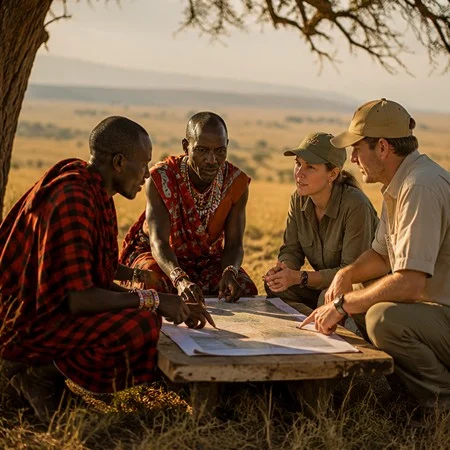 Maasai og besøgende samlet om et kort på et bord udendørs
